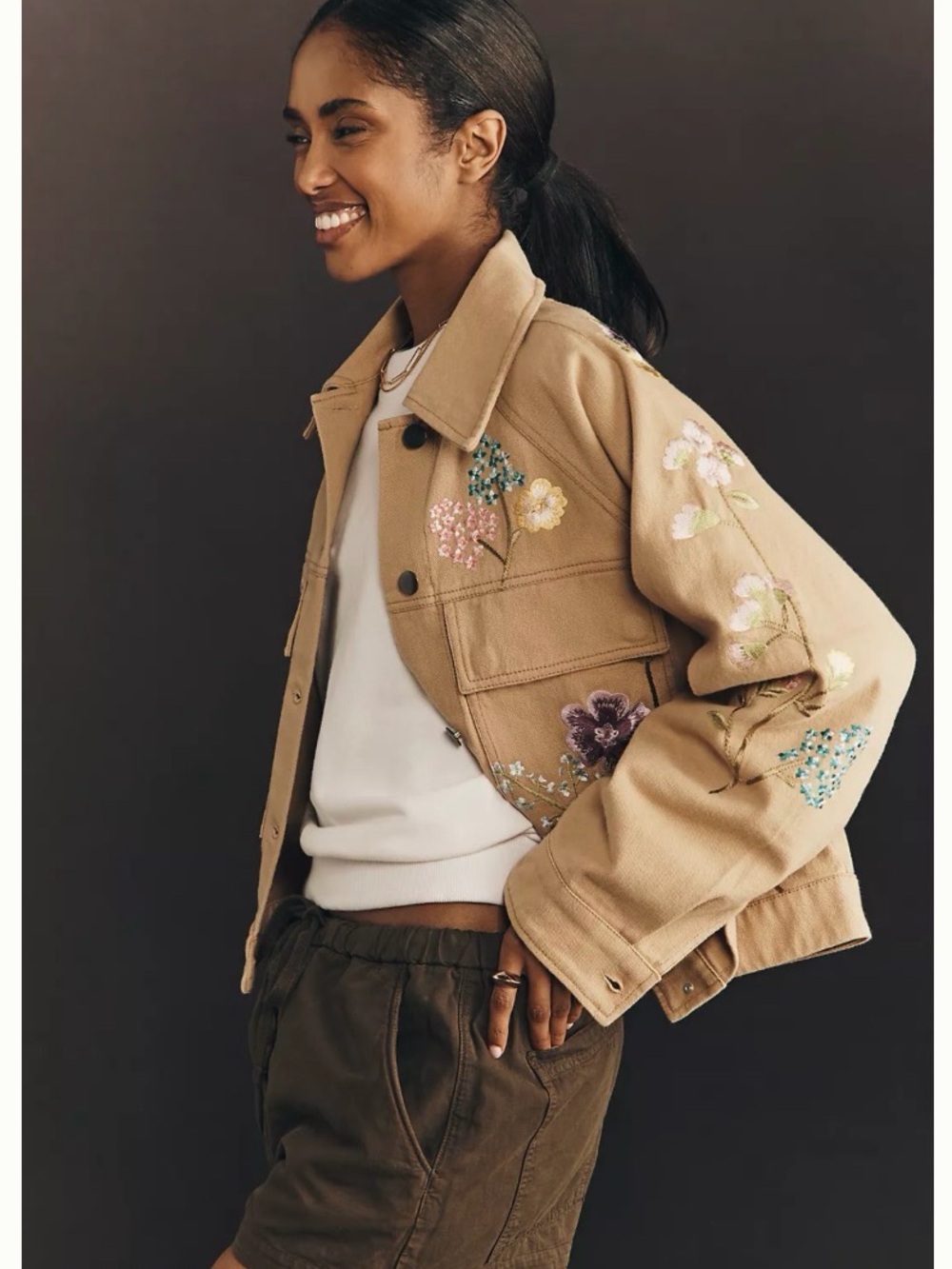 Anthropologie floral Embroidered Jacket in Tan